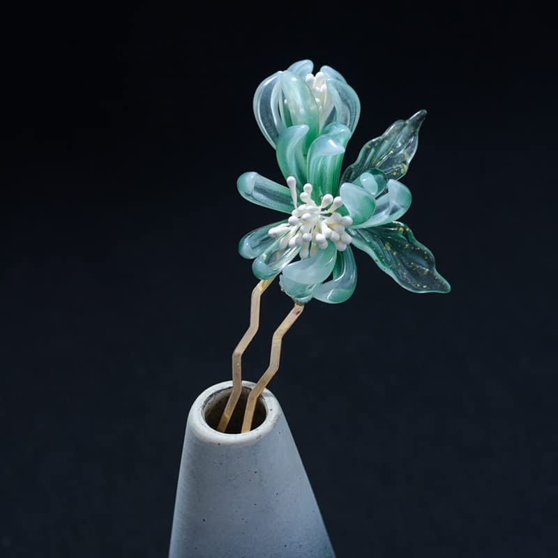 Equinox Flower Horquilla china Hanfu y estilo retro con resina hecha a mano, accesorios para el cabello para mujeres y niñas (verde)