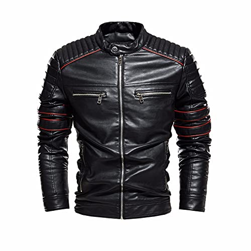 HXKJ 2021 New Herren Herbst und Winter Warme Mantel, Mode Faux Lederjacke wasserdichte Reißverschluss Mantel Black-XXL Cover