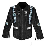 100% vera pelle. John Western Jackets Giacca da Uomo in Pelle Scamosciata Originale con Frangia e Perline - Nero - 5XL