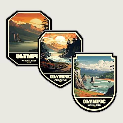 Olympic National Park Stickers Set of 3 - Waterproof Vinyl Decals for Car, Laptop, Water Bottle, Luggage, Bikes - Scenic Nature & Mountain Outdoor Sticker Gift Set