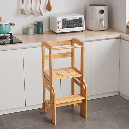 UNICOO® Height Adjustable Bamboo Step Stool for Toddlers | Toddler Step Ladder Step Stool for Toddlers | Kitchen Step Stool | Safe and Sturdy Standing Tower for Kids (Nature- M2.5)