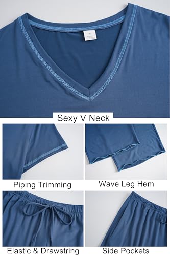 Image of Vozanet Women's Plus Size Pajama Sets Short Sleeve Long Pants Solid Color with Piping Trim Elegant Loungewear Cozy Sleepwear