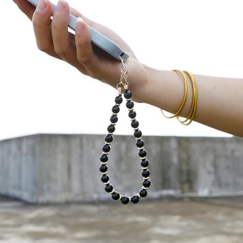 Image of TENOC Marble Beaded Phone Wrist Strap, Obsidian Black | Cellphone Lanyard Chain, Sparkling Wristlet Bracelet, For Women
