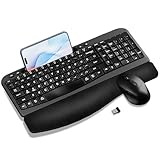 Kabellose Tastatur und Maus Combo, 2.4G Leise Tastatur Maus Set, Ergonomische Tastatur mit Gepolstertem Handgelenk, Wellentasten, Telefon Tablet Halter, Natürliches Tippen für Windows, Mac, Laptop, PC