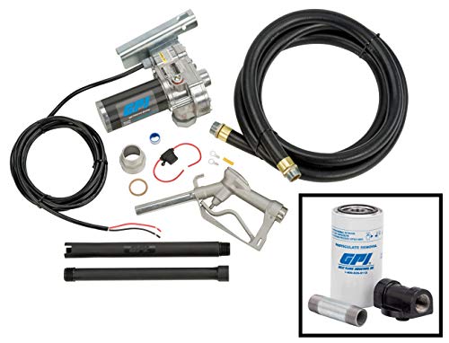 GPI M-180S Fuel Transfer Pump with Filter Kit, 18 GPM, 12-VDC, Manual Shut-Off Unleaded Nozzle, 12' Hose, 18' Power Cord (110612-01)