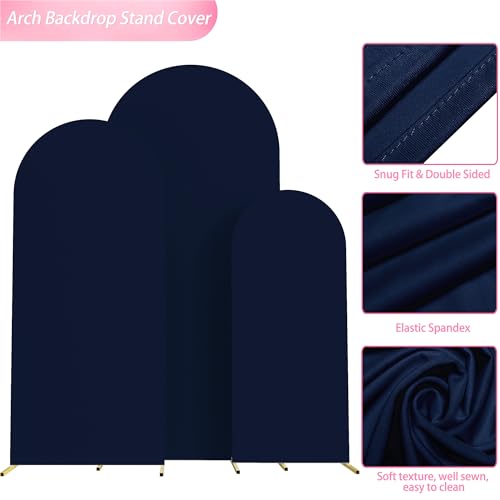 Image of Wokceer Wedding Arch Backdrop Cover 6FT, 5FT, 4FT Set of 3 Spandex Fitted Navy Blue Arch Covers for Round Top Chiara Backdrop Stands Cover for Birthday Party Ceremony Decor