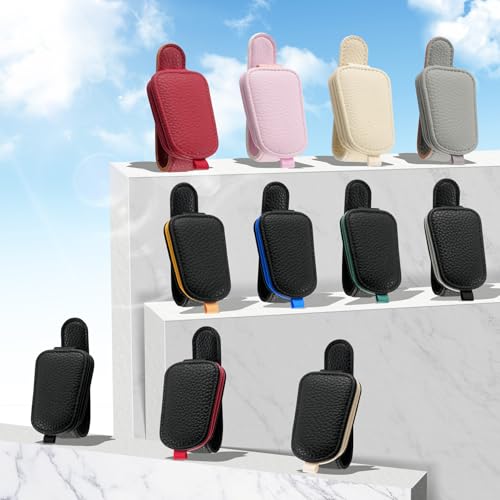 image for SINGARO Sunglasses Holder for Car, Leather Magnetic Buckle Sun Visor S