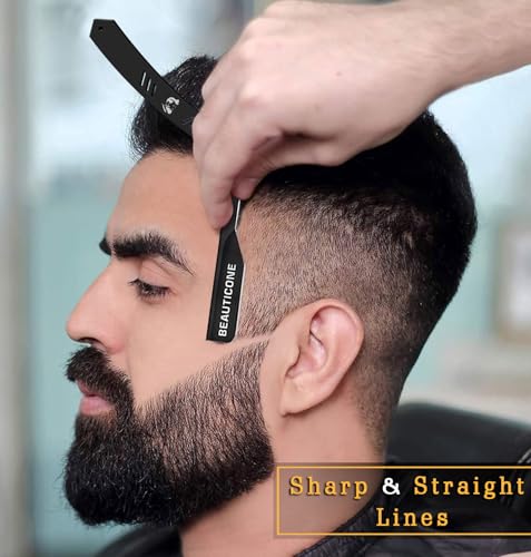 Image of BEAUTICONE Barber Straight Razor for Men - Professional Shavette with Slide-Out Blade Holder, 20 Stainless Steel Blades Included, Cut Throat Razor, All Black