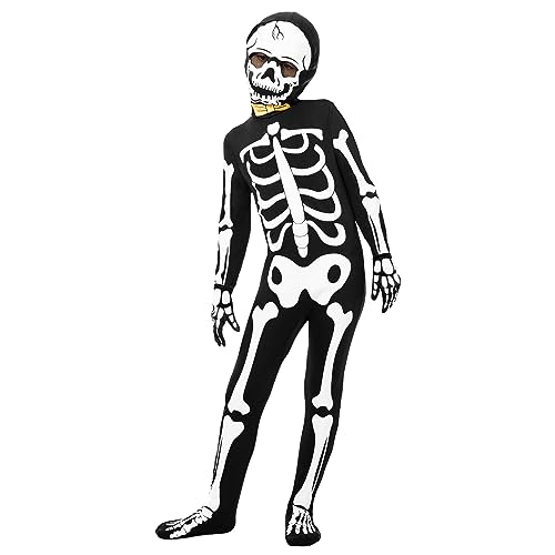 Funnlot Skeleton Costume Kids,Halloween Skeleton Costume Glow In The Dark,Skeleton Onesie Kids,Wicked Kids Skeleton Costumes,Unisex Skeleton Jumpsuit,Halloween Fancy Dress with Skeleton Gloves(L)
