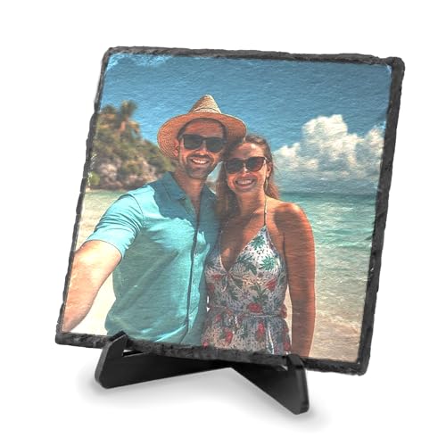 Personalised Photo Slate Plaque - Custom Printed 10cm x 10cm Image on Natural Rock with Display Stand - Unique Gift for Wedding Memorial Birthday Anniversary Valentines Gift