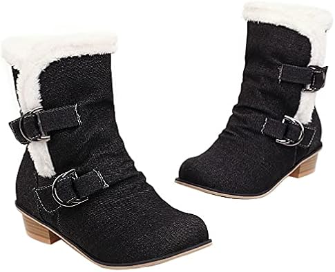 Womens Denim Flat Short Ankle Boots Chunky Low Heel Ankle Buckle Cute Short Boots