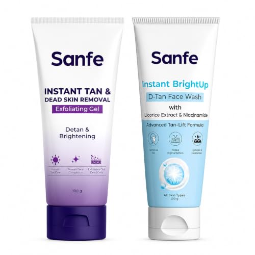 Image of Sanf Instant Tan & Dead Skin Removal Exfoliating Gel + Sanfe Instant BrightUp D-Tan Face Wash | Deep Cleansing, Dead Skin Removal & Instant Glow | Face Care Combo | 100g + 100g
