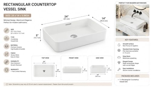 Image of OSOSAM Countertop Ceramic Wash Basin for Bathroom | Glossy White Rectangle Vessel Sink | Modern Table Top Vanity Basin for Home & Hotel | 24 x 14 x 5 Inch