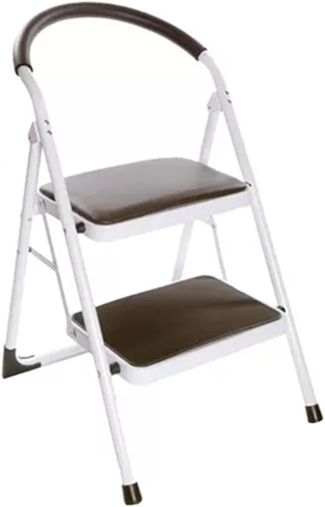Step Chair for Kitchen Dual Purpose Portable Folding Ladder Chair with Rounded Armrests, Living Room Double Layer Wrought Iron Back Chair, No Assembly Required (Color : White, Size : 82 * 52 * 47cm)