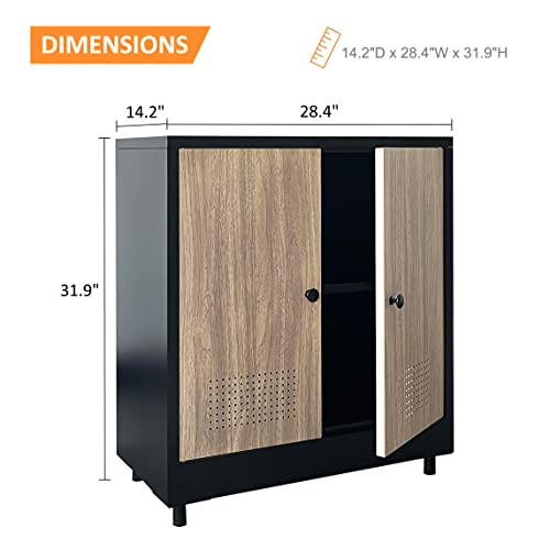 Jinkur Metal Storage Cabinet With 2 Doors And Adjustable Shelf, Steel Accent Sideboard Buffet Cabinet For Home, Office, Entryway, Hallway, Living Room, Kitchen And Dining Room (Black/Walnut) #TOP2