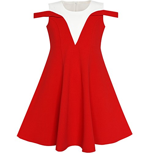 Sunny Fashion Girls Dress Red White Cold Shoulder Color Contrast Holiday