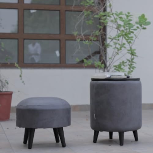 Image of Wooden Ottoman Stool Combo /Bundle for Sitting with Wooden Legs | Round Bench Coffee /Side /End Table for Living Room Furniture Home Dressing Decor - Storage Cum Seating Box (16-in Grey) 02-Pc