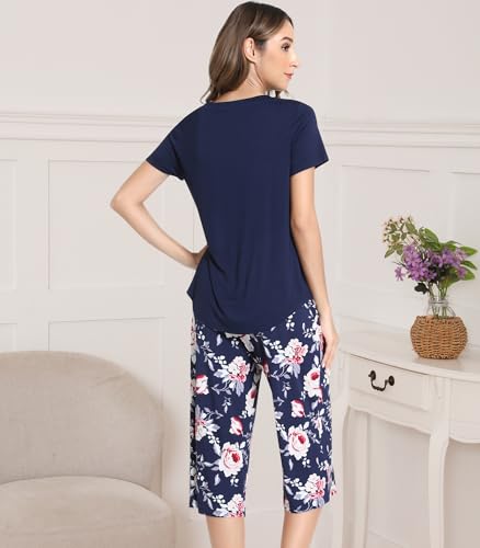 Image of NACHILA Bamboo Viscose Pajamas for Women Lace V Neck Capri Pants Pjs Set