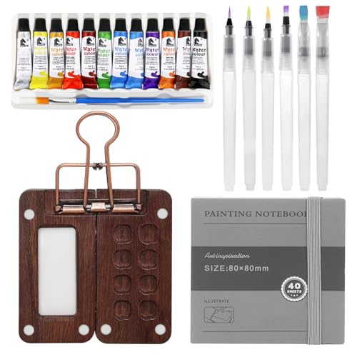 Pocket Artist Watercolor Travel Set, Mini Watercolor Watercolor Paint Set, Wooden Grid Paint Box with Clip, 12 Colors Sketch Book Brush for Artist (Wooden-S)