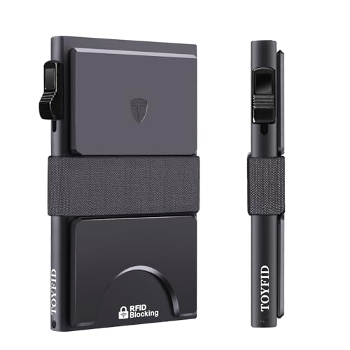 TOYFID Carteira masculina fina para homens, carteira pop-up minimalista, carteira de metal, bloqueio de RFID com placa traseira expansível e faixa para dinheiro, comporta mais de 12 cartões e dinheiro