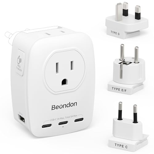 Beondon Universal European Plug Adapter Kit, 3 Detachable Plugs (C/E/F/G) for UK/France/Germany/Italy/Spain, 2 US Outlets & 5 USB Ports (3 USB C) with EU All Coverage, Multi-Device Charger for Travel