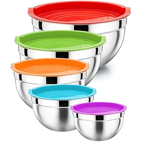 Mixing Bowl with Lid Set of 5, P&P CHEF 10-Piece Stainless Steel Nesting Salad Bowl Set for Prepping, Mixing and Serving, Size 4.6, 3, 1.5, 1, 0.7 QT, Rimmed Edges & Flat Base Cover