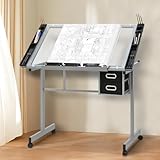SFIHOME Adjustable Drafting Table & Stool Set, Art Desk with Additional Slide-Out Table Design, Versatile Drawing Table with Storage, for Art, Drafting and Creative Tasks, Natural