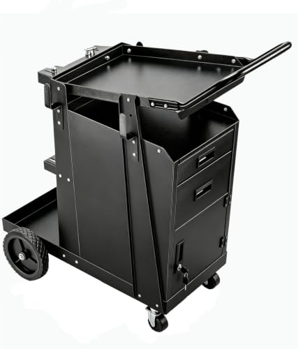 Image of Welding Cart, 2-Tier Heavy Duty Welder Cart with 2 Drawers & Lockable Cabinet, 350LBS Load Capacity, Dual Cylinder Slots & Safety Chains, 360 Swivel Wheels for MIG Welder & Plasma Cutter