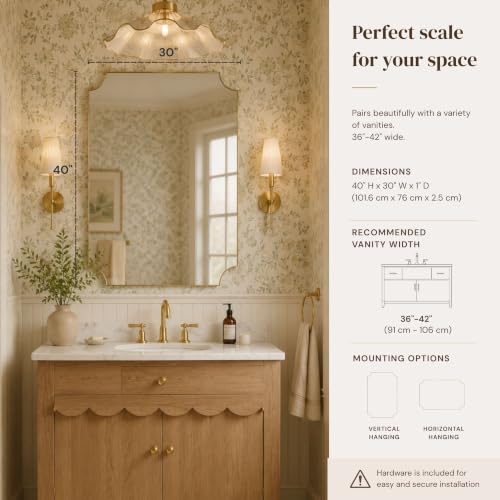 Image of TEHOME Gold Bathroom Mirrors, Brushed Brass Rectangle Scalloped Vanity Mirror for Bathroom,30x40''