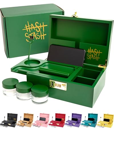 The OG Stash Storage Box - Large Bamboo Box with Combination Lock, Magnetic Lid, Organizer Tray, 3 Jars and Brush - Portable Decorative Wooden Lock Kit with Accessories (Green/Gold)