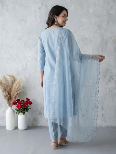 Image of INDO ERA Solid Straight Pure Cotton Kurta with Pant & Dupatta Set for Women