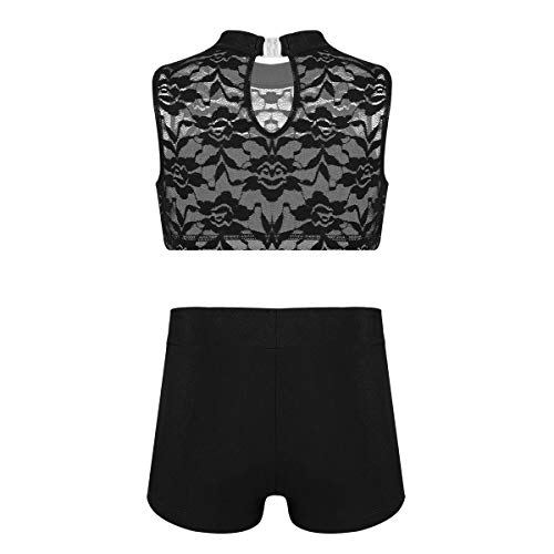 Agoky Ensemble Vêtements de Danse Enfant Fille Ado Dentelle Haut de Danse + Short de Danse Costume de Sport Fitness Justaucorps Gymnastique Maillot de Bain 2 Pièces 6-14 Ans Noir 12 Ans