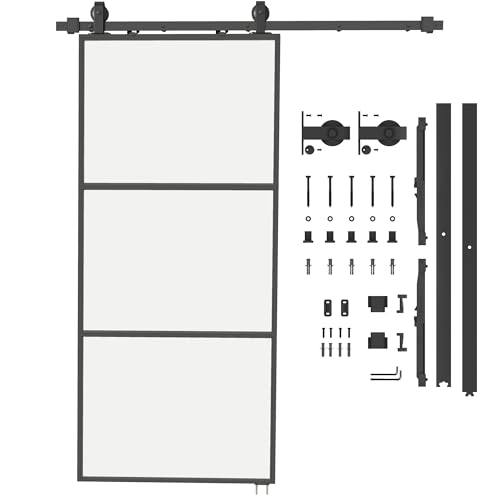 HOMCOM Puerta Corredera con Herrajes 91,4x203,2 cm Puerta Corredera de Cristal con Mecanismo Cierre Suave para Baño Salón Sala de Estar Cocina Negro