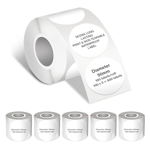 Image of Seznik Waterproof, Non-Tearable, Sticky Thermal Labels, Round Shape, 50mm Diameter, 2 inch Self-Adhesive Thermal Paper for Mini Printer (Waterproof - 50mm Diameter - 500 Labels)