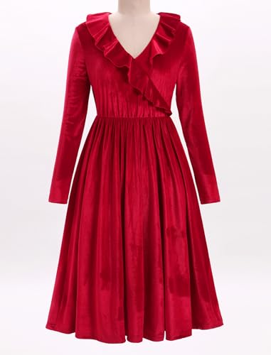 AWIBMK Mommy and Me Dresses V Neck Solid Color Velvet Ruffle Christmas Dress Long Sleeve Xmas Party Family Matching Outfits3