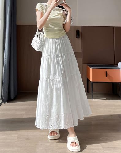 chouyatou Women's Boho Lace Embroidery Eyelet Swing Skirt High Elastic Waist Ruffle Tiered Long Skirt4