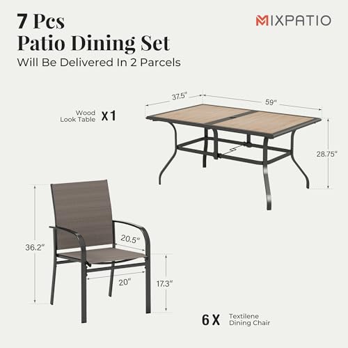 Image of MIXPATIO 7 Pieces Patio Table and Chairs Set, Outdoor Dining Furniture Set for 6, 6 Brown Textilene Chairs and 61 inch Wood-Like Table Top with Umbrella Hole, for Deck Backyard Lawn