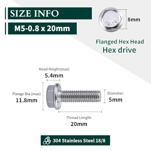 Image of M5-0.8 x 20mm Hex Flange Bolt (0.78 inch Thread Length), DIN6921, Serrated Locking Flange, 304 Stainless Steel, UNC Full Thread, 30-Pack