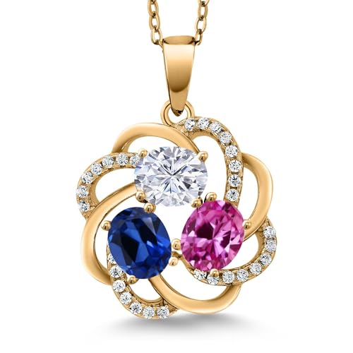 Gem Stone King 18K Yellow Gold Plated Silver Yellow Gold Plated Customized and Personalized 3 Gemstone Birthstone Flower Mothers Family Blossom Couple Pendant For Women