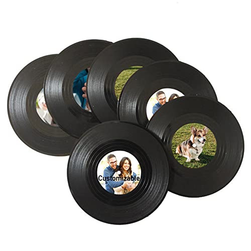 Personalized Coasters Custom Photo, Set of 6 Vinyl Record Coasters for Drinks Wall Decor Party Decoration Funny Disk Drinks Coasters for Music Lover, Personalized Gifts for Men Women