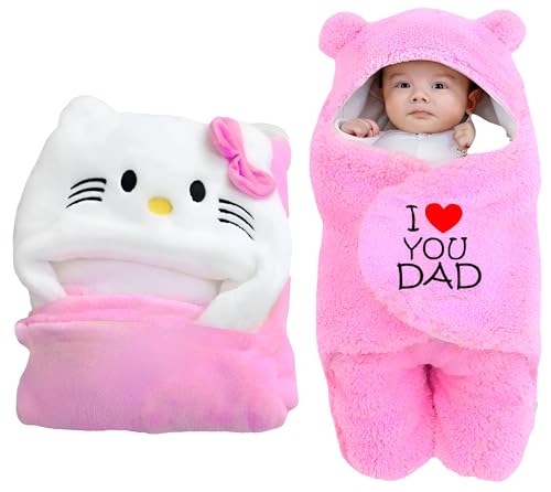 Image of Swissberry Baby Bedding Sets, Blankets Newborn Pack of Hooded Wrapper, Swaddler for Baby Boys and Girls, 0-6 Months, L 80 cm x B 80 cm, Pack of 2 pcs (Pink Kitty & Pink Dad)
