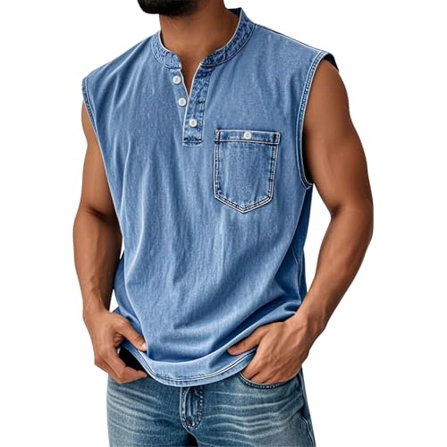 Tank Tops Mens Henley Shirts Summer Beach Sleeveless Muscle Gym Workout Running Casual Button Up Outdoor Biker Tee Vest(A01 Blue,X-Large)
