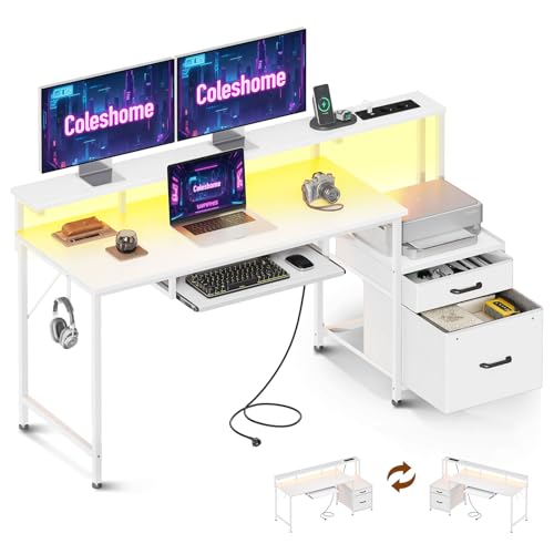 Coleshome Gaming Tisch mit LED, 140x48cm Schreibtisch mit Stoff Schubladen Computertisch mit 2 Steckdosen&2 USB Anschlüssen, Gaming Schreibtisch mit Monitorständer für Home Office, Weiß