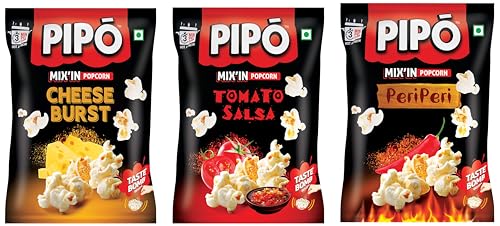 Image of PIPO Mix'in Instant Popcorn with Taste Bomb| Cheese Burst, Peri Peri, Tomato Salsa 60G each