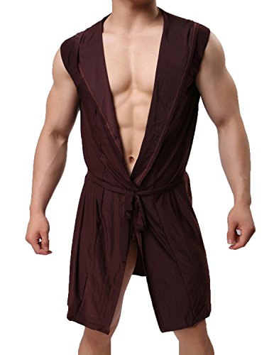 Haseil Men's Silk Kimono Bathrobe Hooded Sleeveless Open Front Sleepwear Pajamas, Brown, TagsizeM=USsizeS
