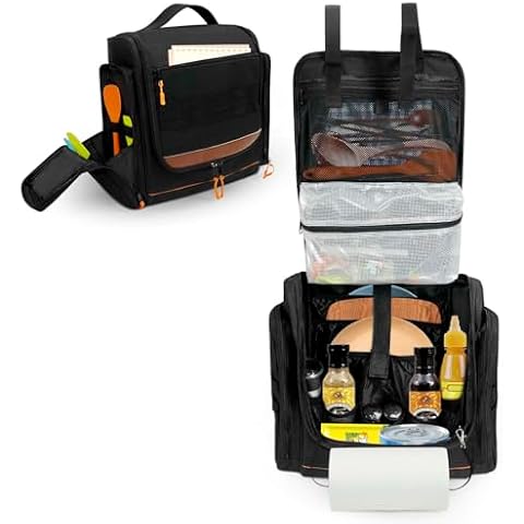 ORKELS Hanging Tactical Camping Cookware Bag – Utensil Organizer with Towel Holder & Multiple Pockets for RV, Tent, Camper, and Grilling (Black) Cover