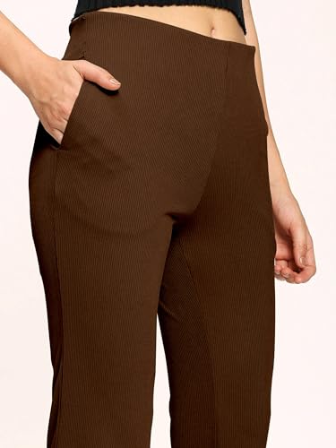 Image of Mehrang High Waisted Wide Leg Ribbed Knit Trousers with Pockets | Casual and Stretchy Pants | for Women