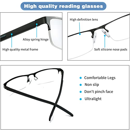 Anourney 3-Pack Reading Glasses For Men, Lightweight Metal Half Frame Blue Light Blocking Computer Readers, Filter Uv Ray/Computer Glare With Spring Hinge Eyeglasses(3Pcs Black,+1.25) #TOP4