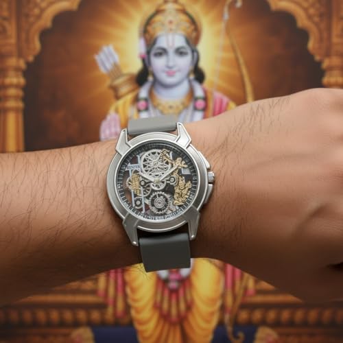 Image of Shree Ram Skeleton Watch, Ayodhya Mandir Theme, Mechanical Look Quartz, Stainless Steel Metal Bracelet, Round Dial with Deity Engraving for Man and Boyes