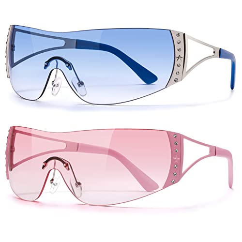 Wrap Around Y2K Sunglasses for Women Men Trendy Rimless Oversized Futuristic 2000s Sun Glasses Rave Cool Shield Shades